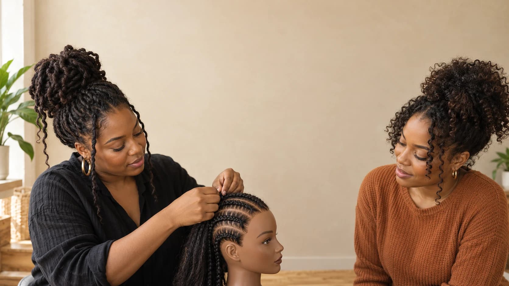 Illustrative scene of two beauty professionals practicing braiding together