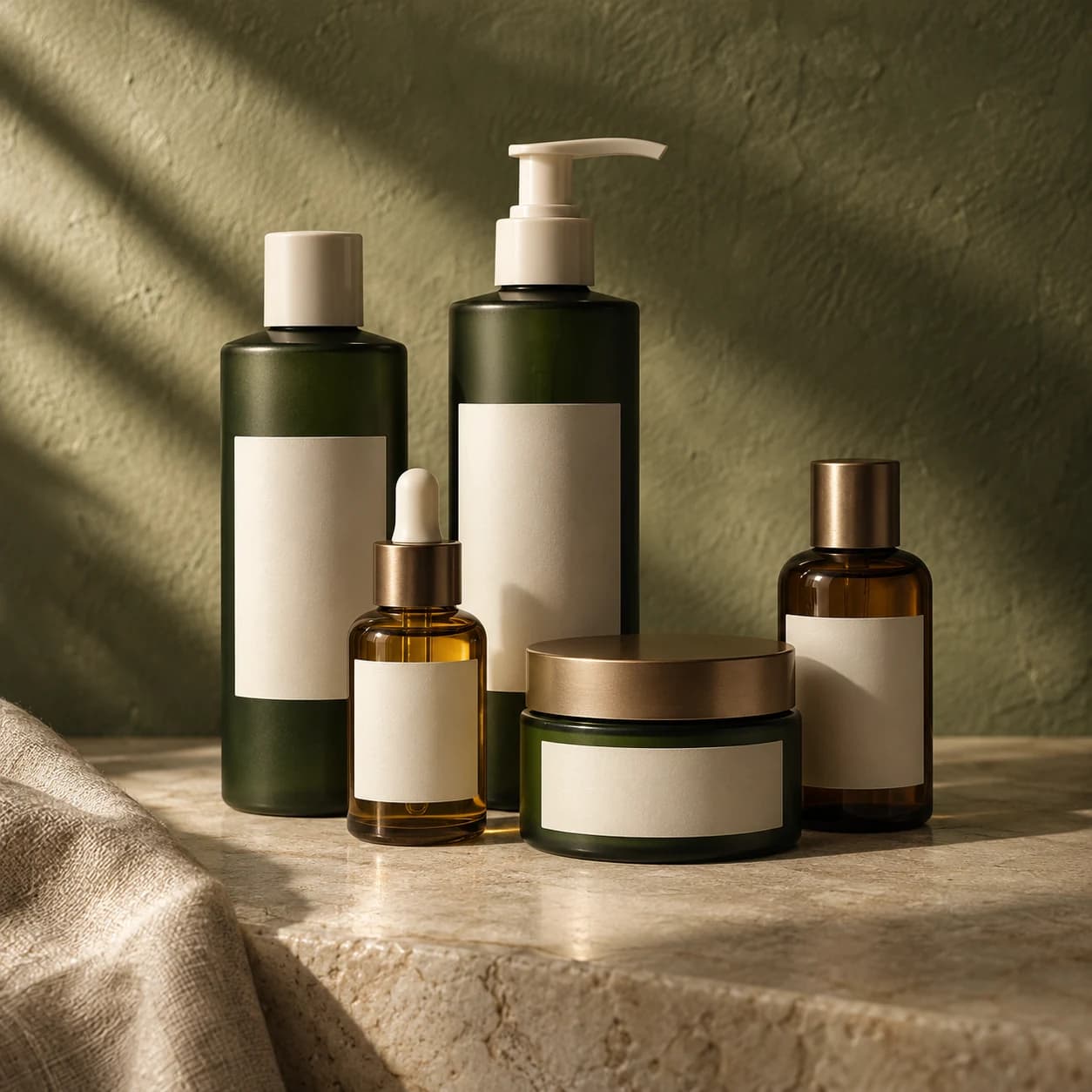 Green and amber hair-care bottles and a cream jar arranged on warm stone in sunlight